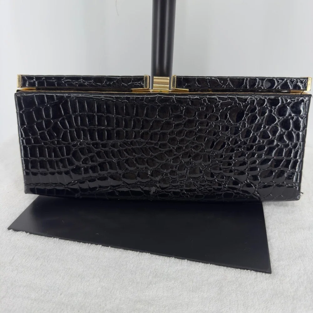 Joan Rivers Classics Collection Black Croc Embossed Patent Evening Clutch Bag